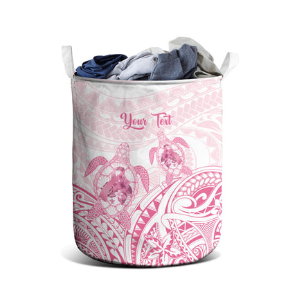 Personalised Polynesia Breast Cancer Support Laundry Basket No One Fights Alone Turtle Ribbon White