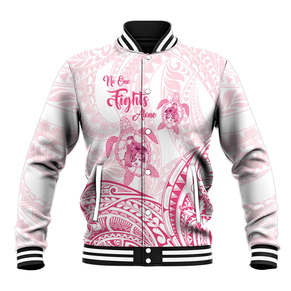 Personalised Polynesia Breast Cancer Support Baseball Jacket No One Fights Alone Turtle Ribbon White
