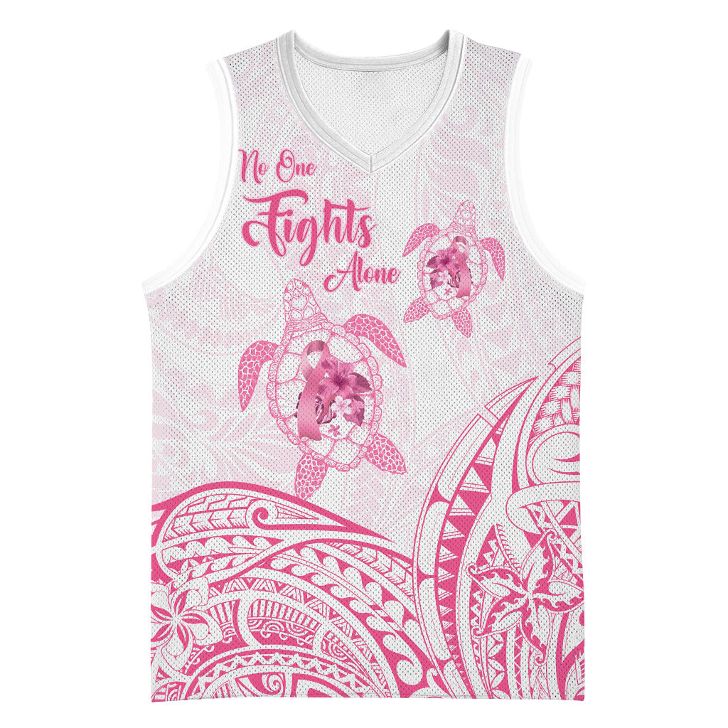 Personalised Polynesia Breast Cancer Support Basketball Jersey No One Fights Alone Turtle Ribbon White