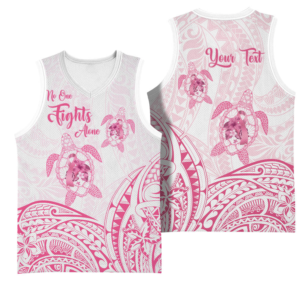 Personalised Polynesia Breast Cancer Support Basketball Jersey No One Fights Alone Turtle Ribbon White