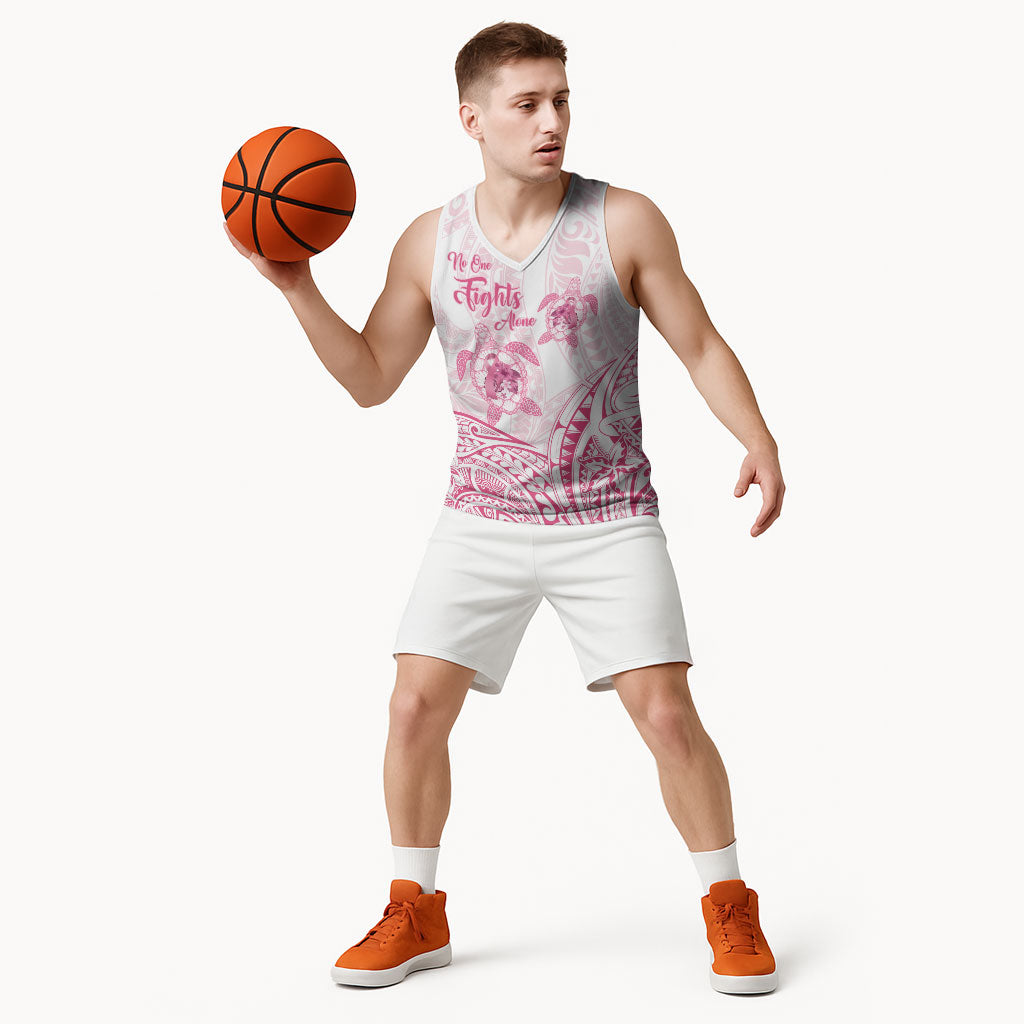 Personalised Polynesia Breast Cancer Support Basketball Jersey No One Fights Alone Turtle Ribbon White