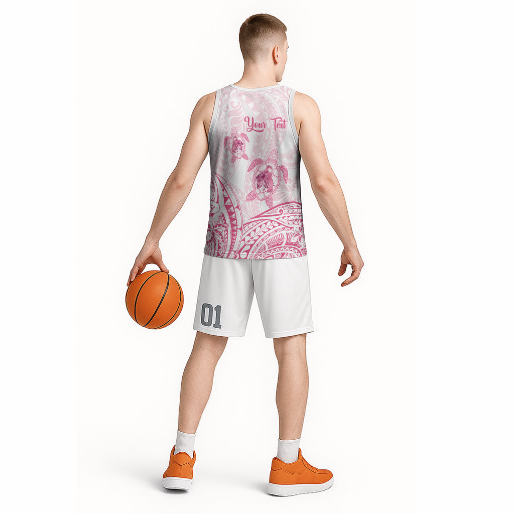 Personalised Polynesia Breast Cancer Support Basketball Jersey No One Fights Alone Turtle Ribbon White