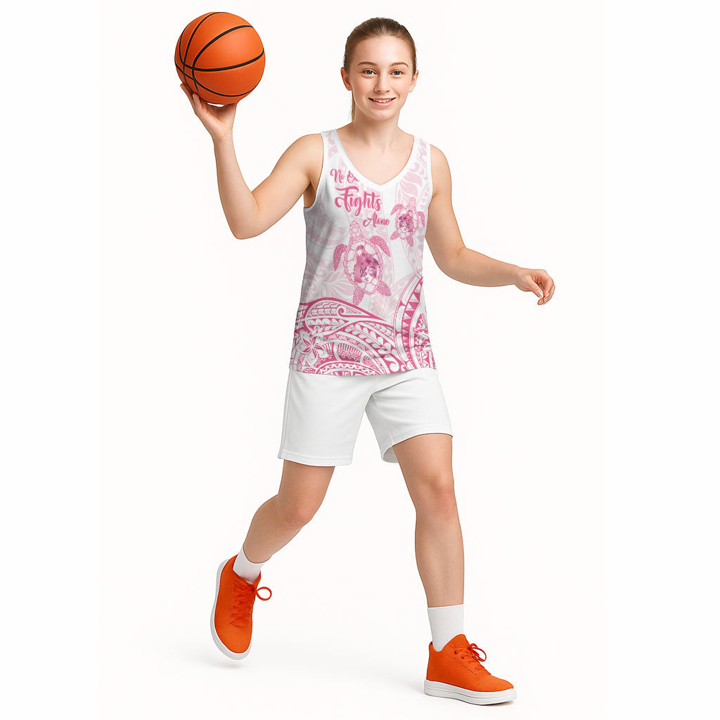 Personalised Polynesia Breast Cancer Support Basketball Jersey No One Fights Alone Turtle Ribbon White