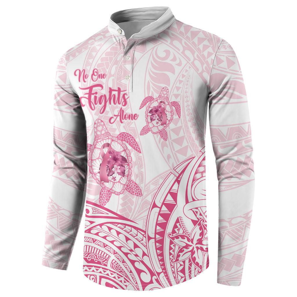 Personalised Polynesia Breast Cancer Support Button Sweatshirt No One Fights Alone Turtle Ribbon White