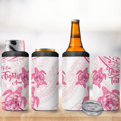 Personalised Polynesia Breast Cancer Support 4 in 1 Can Cooler Tumbler No One Fights Alone Turtle Ribbon White