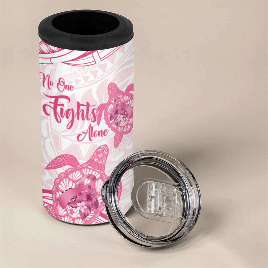 Personalised Polynesia Breast Cancer Support 4 in 1 Can Cooler Tumbler No One Fights Alone Turtle Ribbon White
