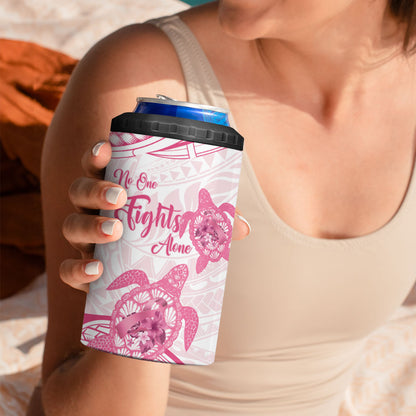 Personalised Polynesia Breast Cancer Support 4 in 1 Can Cooler Tumbler No One Fights Alone Turtle Ribbon White