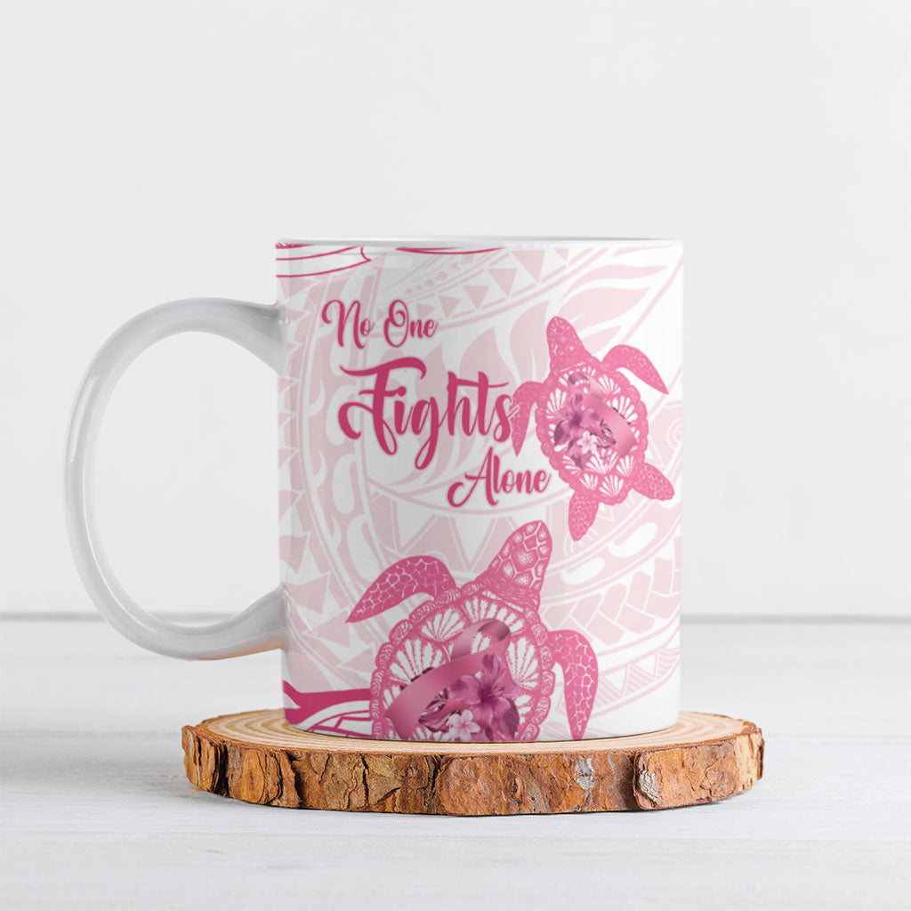 Personalised Polynesia Breast Cancer Support Ceramic Mug No One Fights Alone Turtle Ribbon White