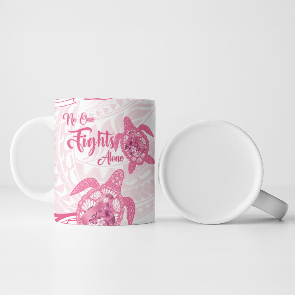 Personalised Polynesia Breast Cancer Support Ceramic Mug No One Fights Alone Turtle Ribbon White
