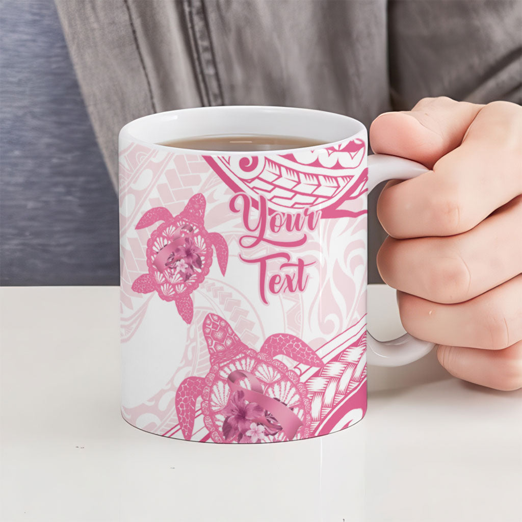 Personalised Polynesia Breast Cancer Support Ceramic Mug No One Fights Alone Turtle Ribbon White