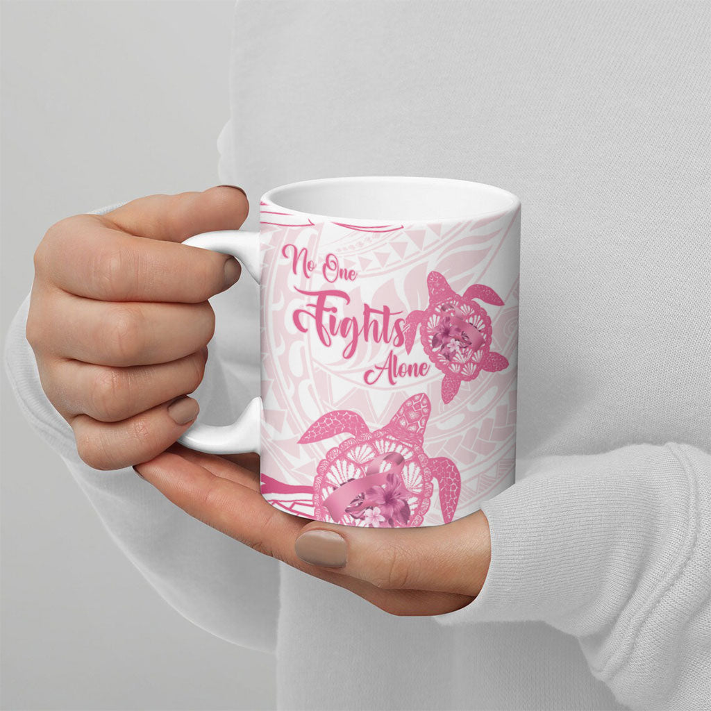 Personalised Polynesia Breast Cancer Support Ceramic Mug No One Fights Alone Turtle Ribbon White