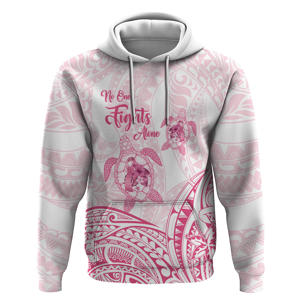 Personalised Polynesia Breast Cancer Support Hoodie No One Fights Alone Turtle Ribbon White