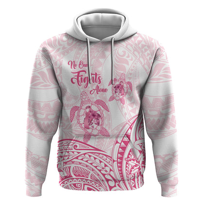 Personalised Polynesia Breast Cancer Support Hoodie No One Fights Alone Turtle Ribbon White