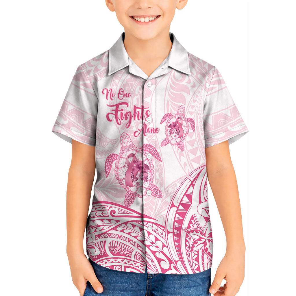 Personalised Polynesia Breast Cancer Support Kid Hawaiian Shirt No One Fights Alone Turtle Ribbon White