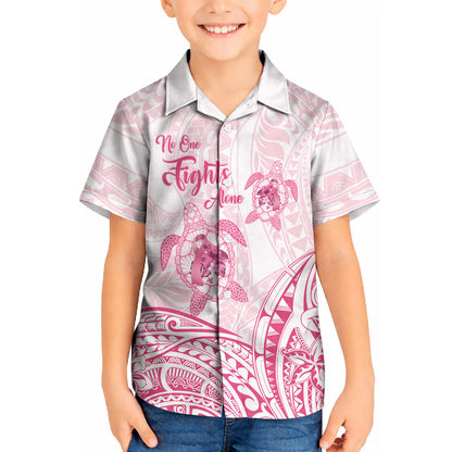 Personalised Polynesia Breast Cancer Support Kid Hawaiian Shirt No One Fights Alone Turtle Ribbon White