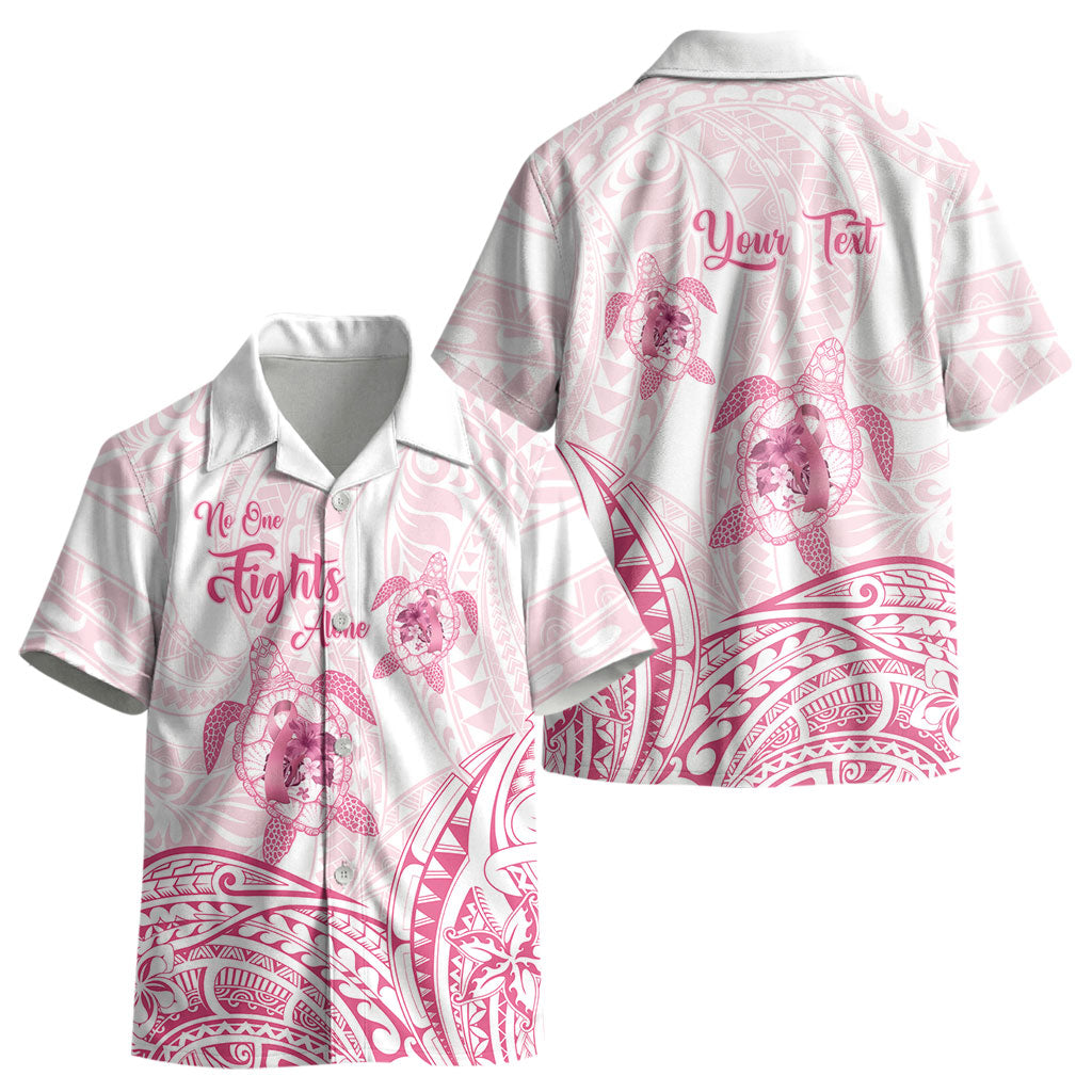 Personalised Polynesia Breast Cancer Support Kid Hawaiian Shirt No One Fights Alone Turtle Ribbon White