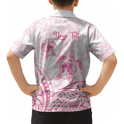 Personalised Polynesia Breast Cancer Support Kid Hawaiian Shirt No One Fights Alone Turtle Ribbon White