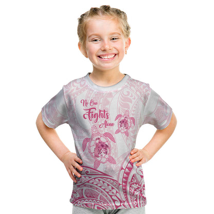 Personalised Polynesia Breast Cancer Support Kid T Shirt No One Fights Alone Turtle Ribbon White