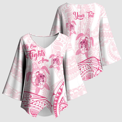 Personalised Polynesia Breast Cancer Support Kimono Sleeve Blouse No One Fights Alone Turtle Ribbon White