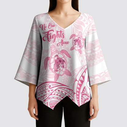 Personalised Polynesia Breast Cancer Support Kimono Sleeve Blouse No One Fights Alone Turtle Ribbon White
