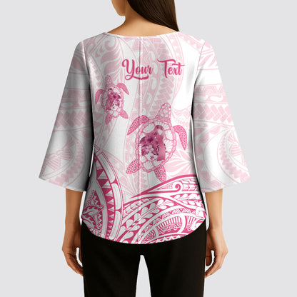 Personalised Polynesia Breast Cancer Support Kimono Sleeve Blouse No One Fights Alone Turtle Ribbon White