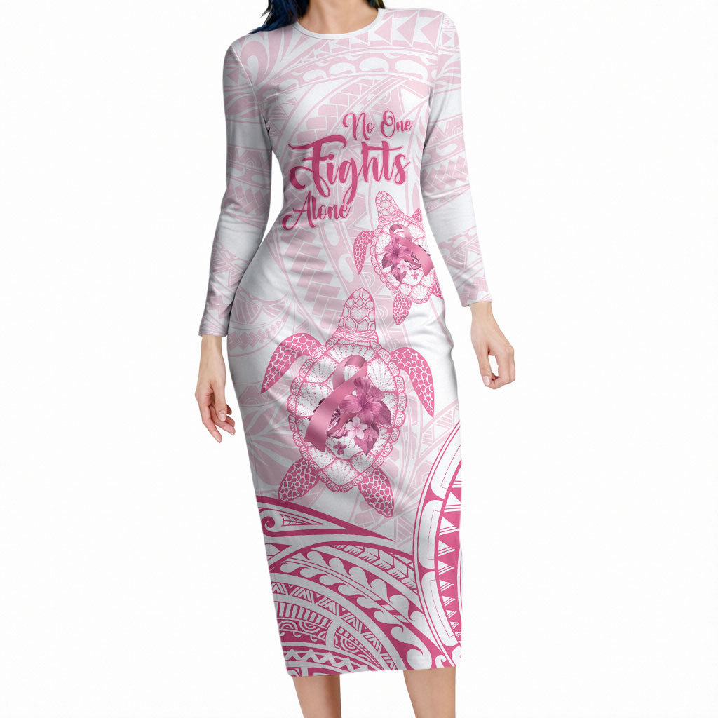 Personalised Polynesia Breast Cancer Support Long Sleeve Bodycon Dress No One Fights Alone Turtle Ribbon White
