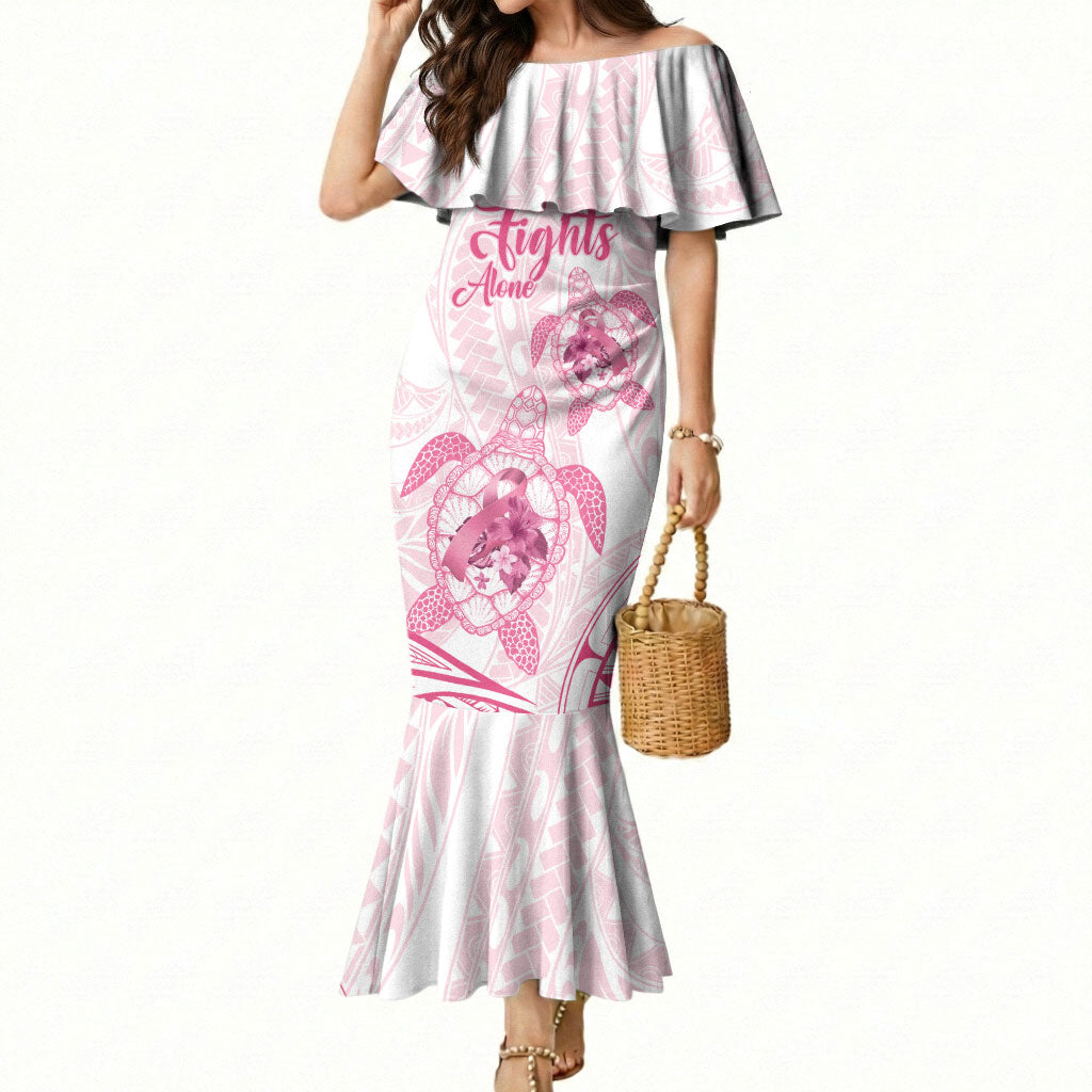 Personalised Polynesia Breast Cancer Support Mermaid Dress No One Fights Alone Turtle Ribbon White