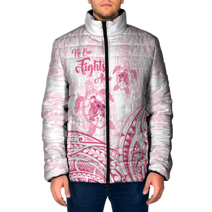 Personalised Polynesia Breast Cancer Support Padded Jacket No One Fights Alone Turtle Ribbon White