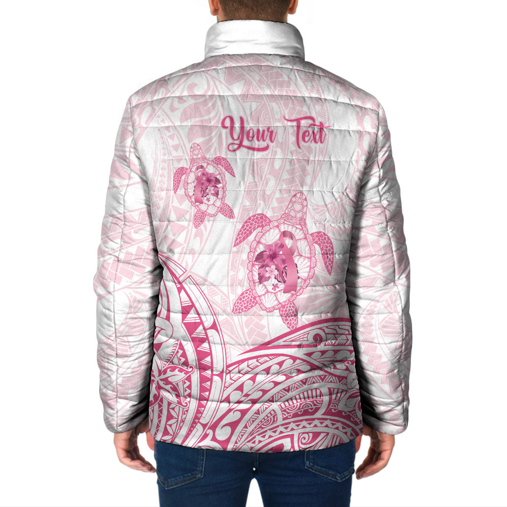 Personalised Polynesia Breast Cancer Support Padded Jacket No One Fights Alone Turtle Ribbon White