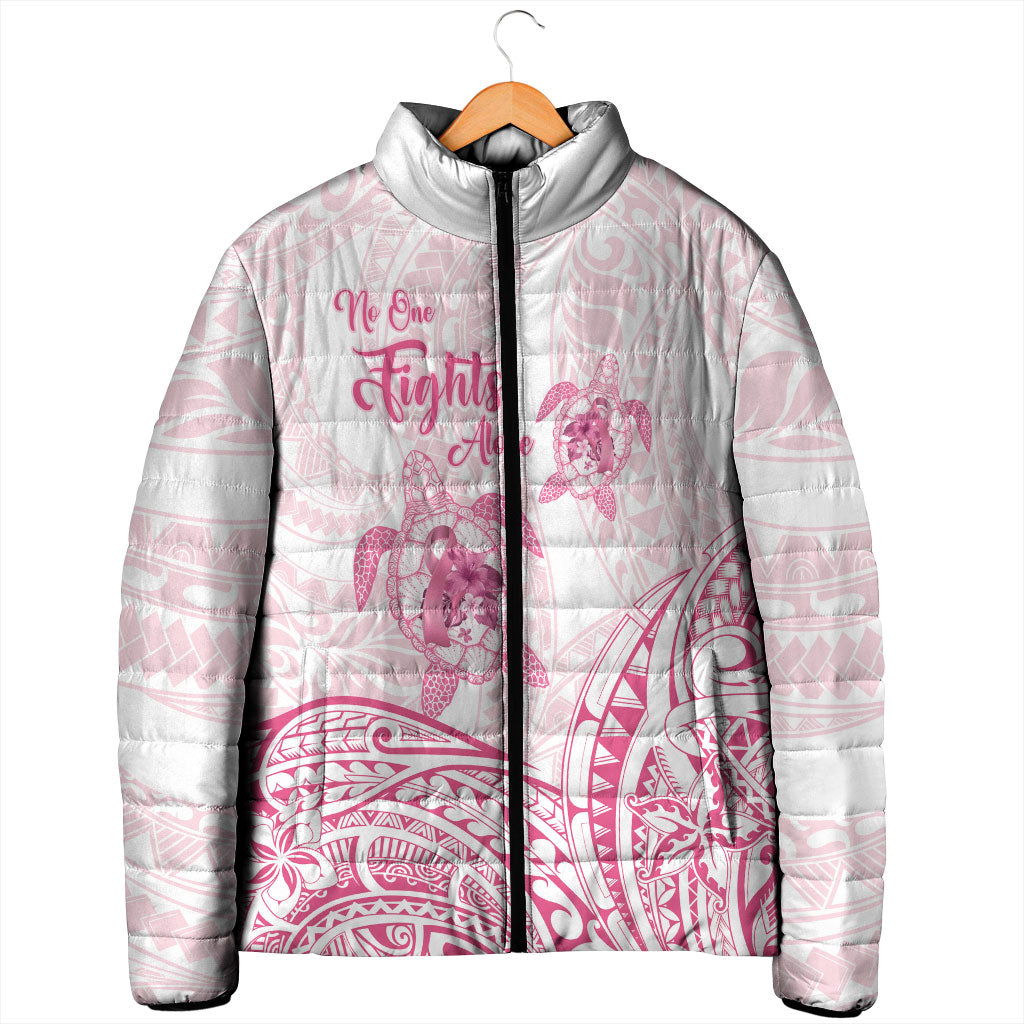 Personalised Polynesia Breast Cancer Support Padded Jacket No One Fights Alone Turtle Ribbon White