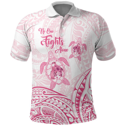 Personalised Polynesia Breast Cancer Support Polo Shirt No One Fights Alone Turtle Ribbon White