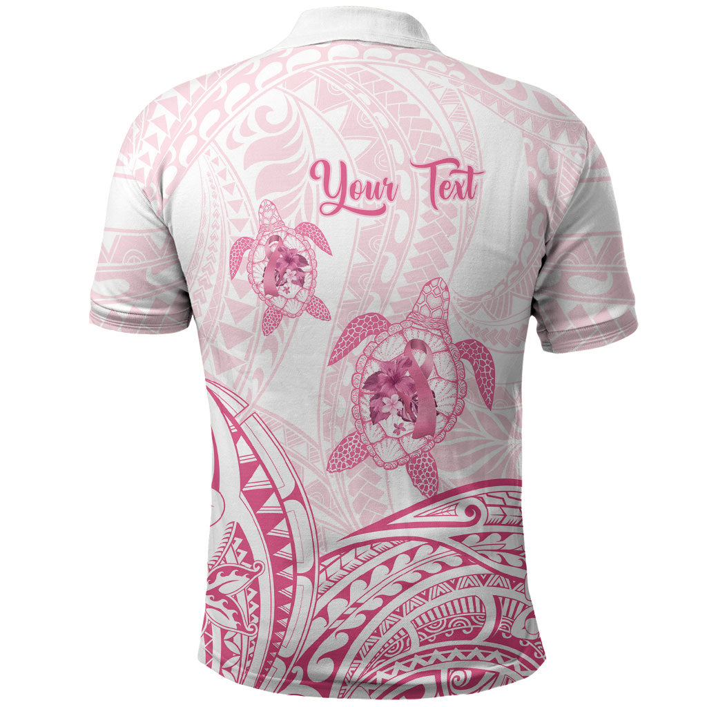 Personalised Polynesia Breast Cancer Support Polo Shirt No One Fights Alone Turtle Ribbon White