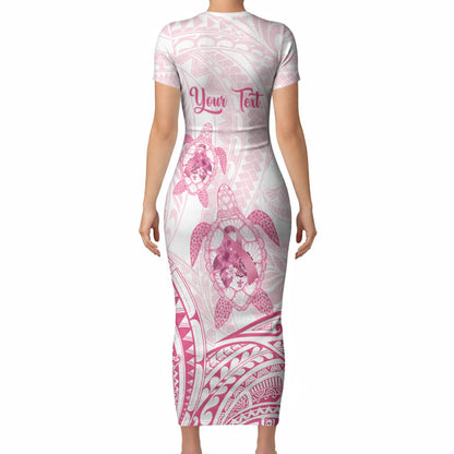Personalised Polynesia Breast Cancer Support Short Sleeve Bodycon Dress No One Fights Alone Turtle Ribbon White