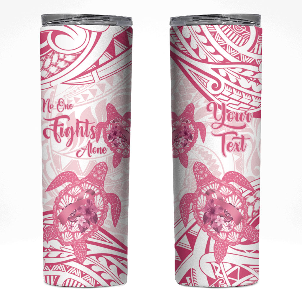 Personalised Polynesia Breast Cancer Support Skinny Tumbler No One Fights Alone Turtle Ribbon White