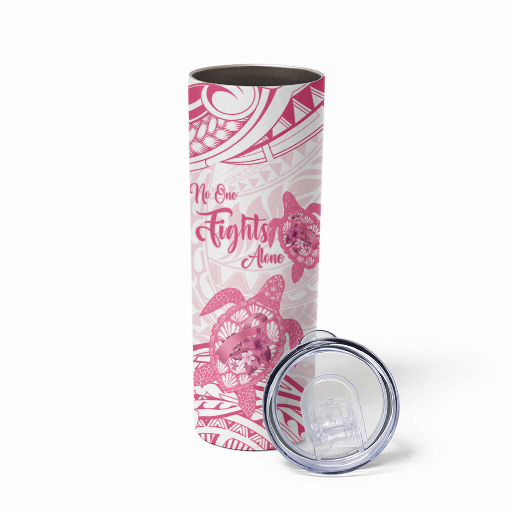 Personalised Polynesia Breast Cancer Support Skinny Tumbler No One Fights Alone Turtle Ribbon White