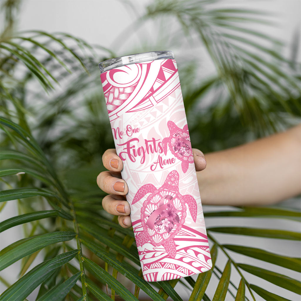 Personalised Polynesia Breast Cancer Support Skinny Tumbler No One Fights Alone Turtle Ribbon White
