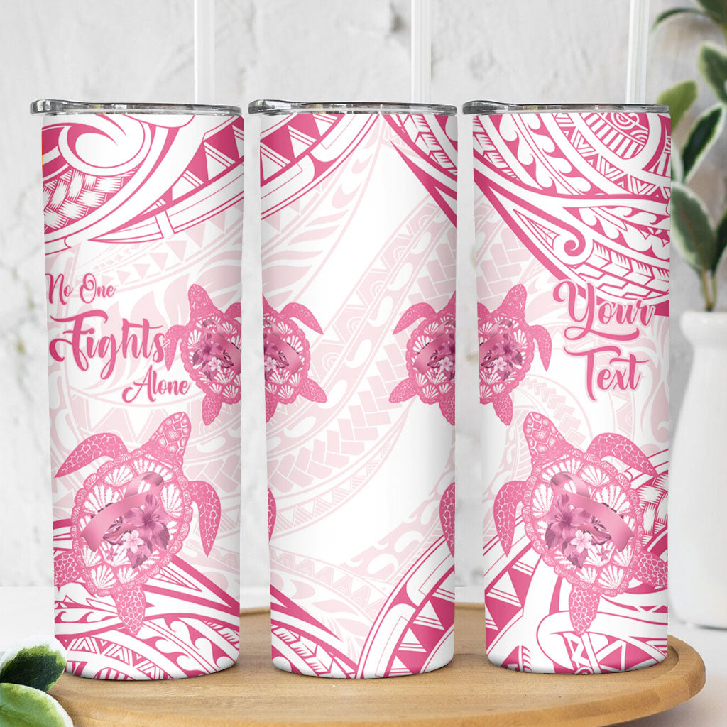 Personalised Polynesia Breast Cancer Support Skinny Tumbler No One Fights Alone Turtle Ribbon White