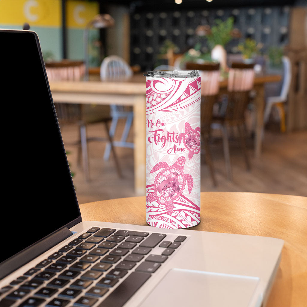 Personalised Polynesia Breast Cancer Support Skinny Tumbler No One Fights Alone Turtle Ribbon White