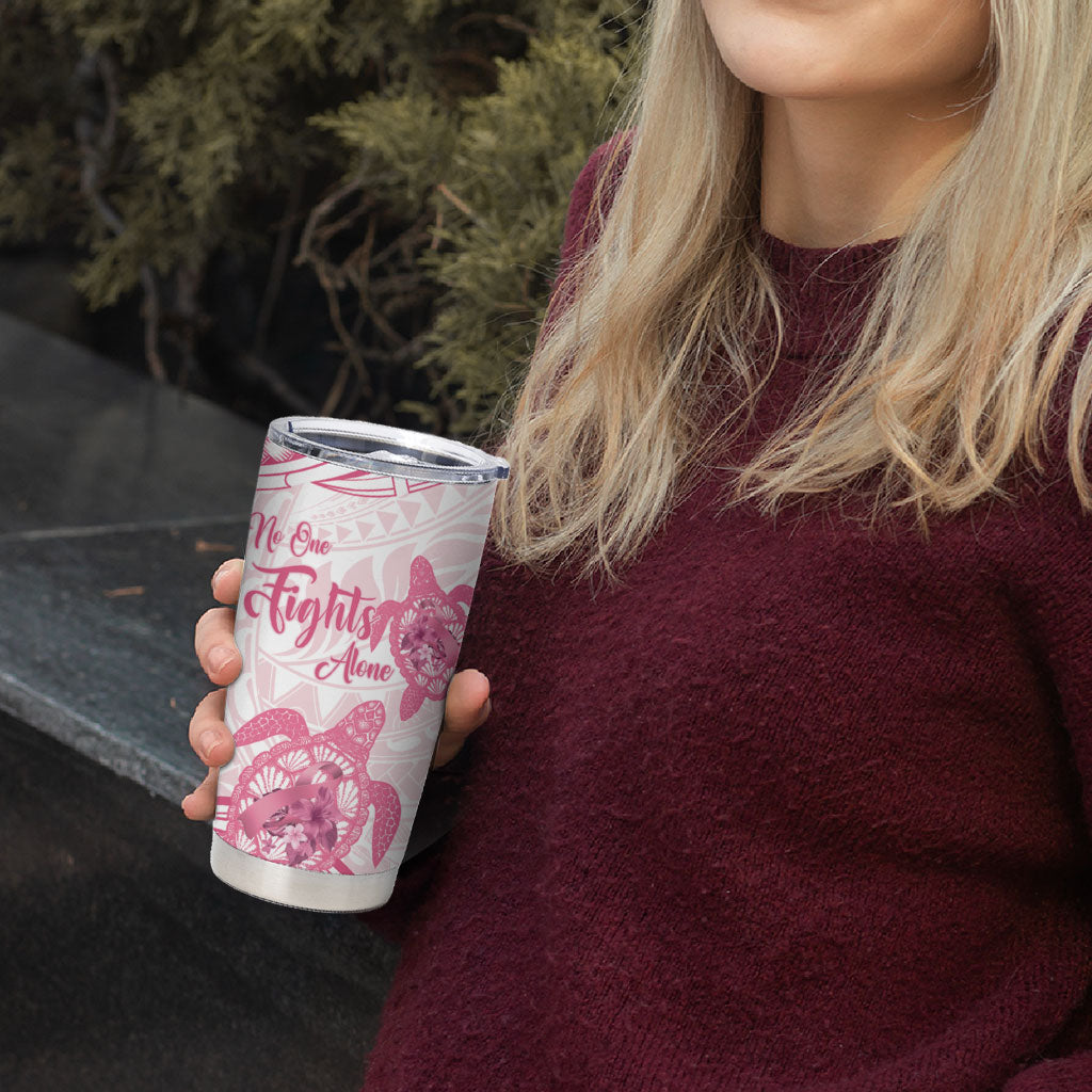 Personalised Polynesia Breast Cancer Support Tumbler Cup No One Fights Alone Turtle Ribbon White