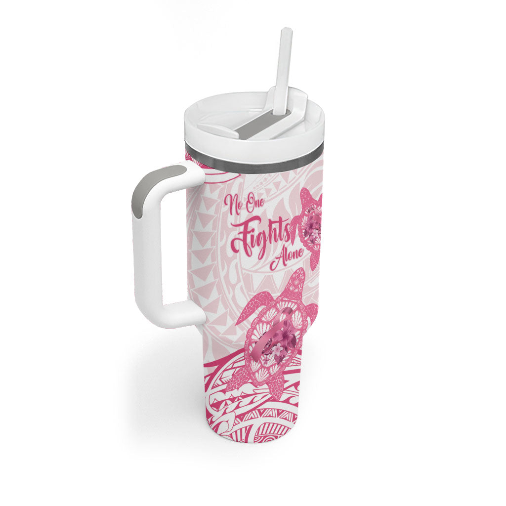 Personalised Polynesia Breast Cancer Support Tumbler With Handle No One Fights Alone Turtle Ribbon White