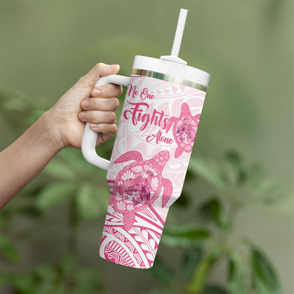 Personalised Polynesia Breast Cancer Support Tumbler With Handle No One Fights Alone Turtle Ribbon White