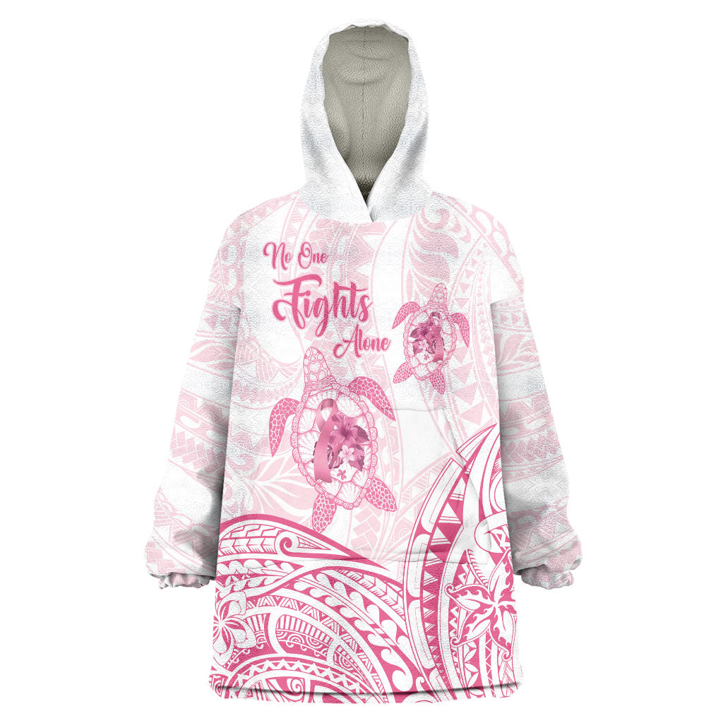 Personalised Polynesia Breast Cancer Support Wearable Blanket Hoodie No One Fights Alone Turtle Ribbon White