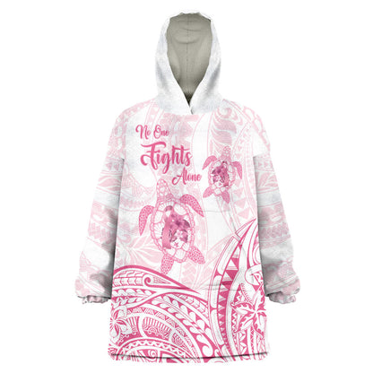 Personalised Polynesia Breast Cancer Support Wearable Blanket Hoodie No One Fights Alone Turtle Ribbon White