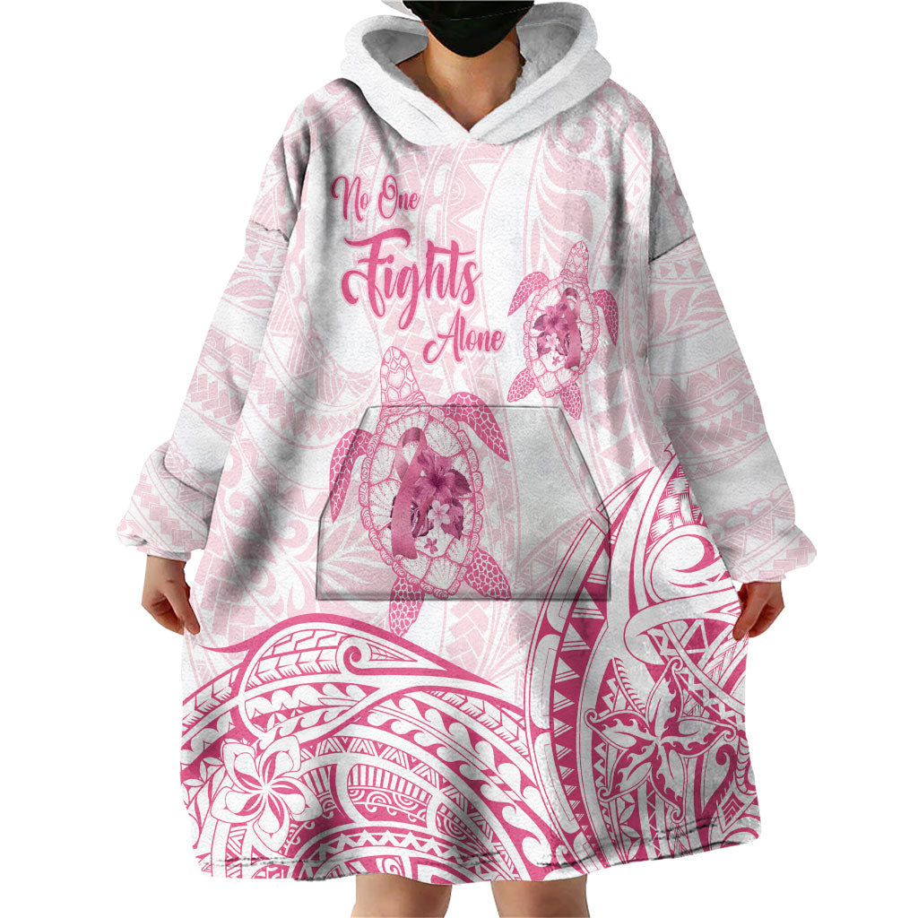 Personalised Polynesia Breast Cancer Support Wearable Blanket Hoodie No One Fights Alone Turtle Ribbon White