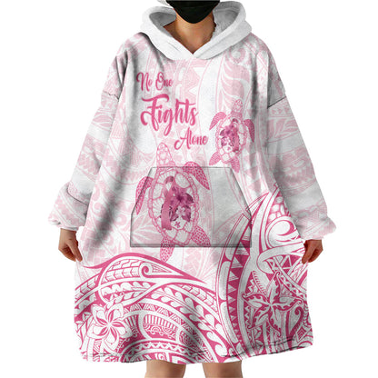 Personalised Polynesia Breast Cancer Support Wearable Blanket Hoodie No One Fights Alone Turtle Ribbon White