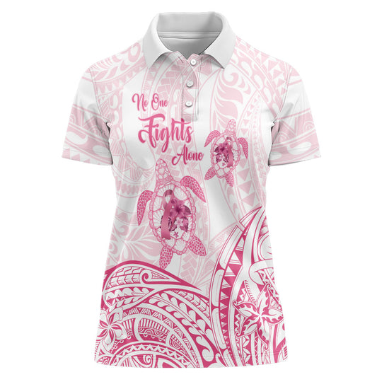 Personalised Polynesia Breast Cancer Support Women Polo Shirt No One Fights Alone Turtle Ribbon White