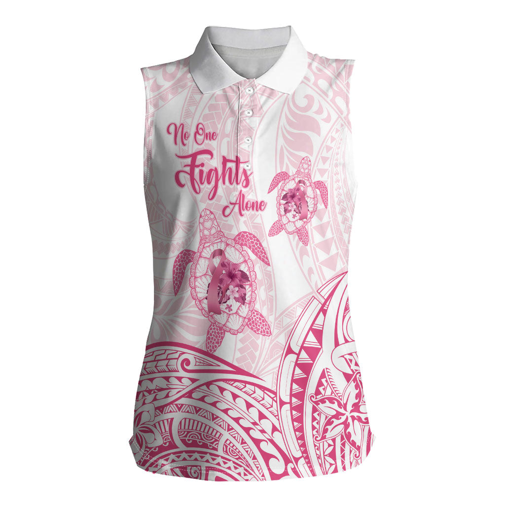 Personalised Polynesia Breast Cancer Support Women Sleeveless Polo Shirt No One Fights Alone Turtle Ribbon White