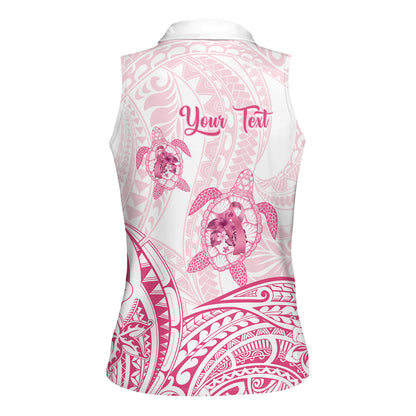 Personalised Polynesia Breast Cancer Support Women Sleeveless Polo Shirt No One Fights Alone Turtle Ribbon White