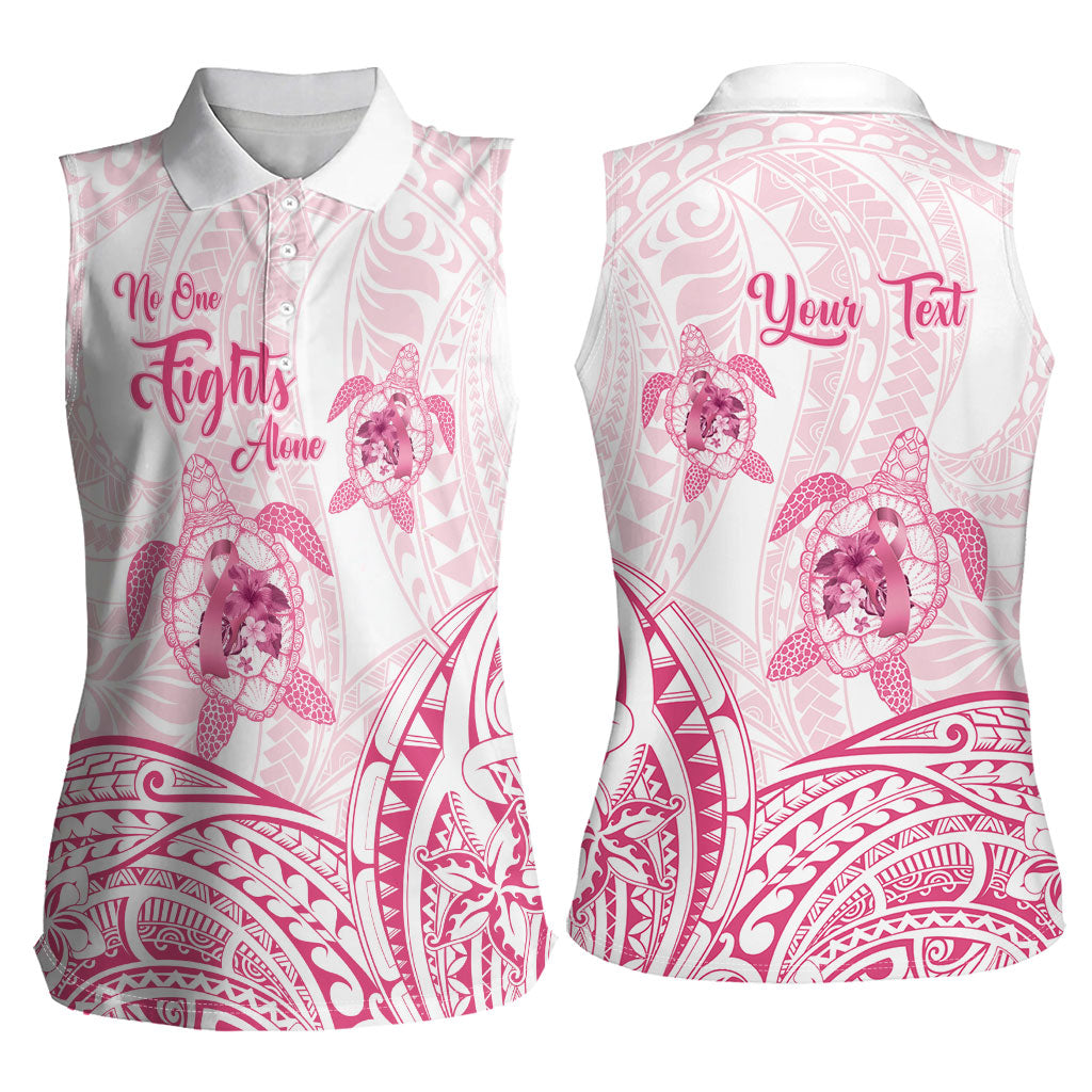 Personalised Polynesia Breast Cancer Support Women Sleeveless Polo Shirt No One Fights Alone Turtle Ribbon White