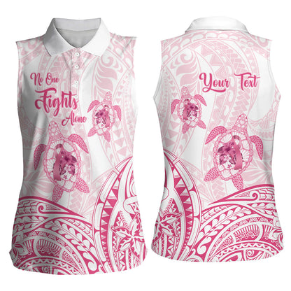 Personalised Polynesia Breast Cancer Support Women Sleeveless Polo Shirt No One Fights Alone Turtle Ribbon White